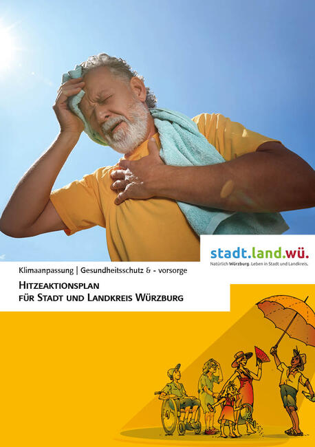Das Bild zeigt das Deckblatt des Hitzeaktionsplanes stadt.land.wü, der als regionaler Hitzeaktionsplan seit Sommer 2023 besteht.