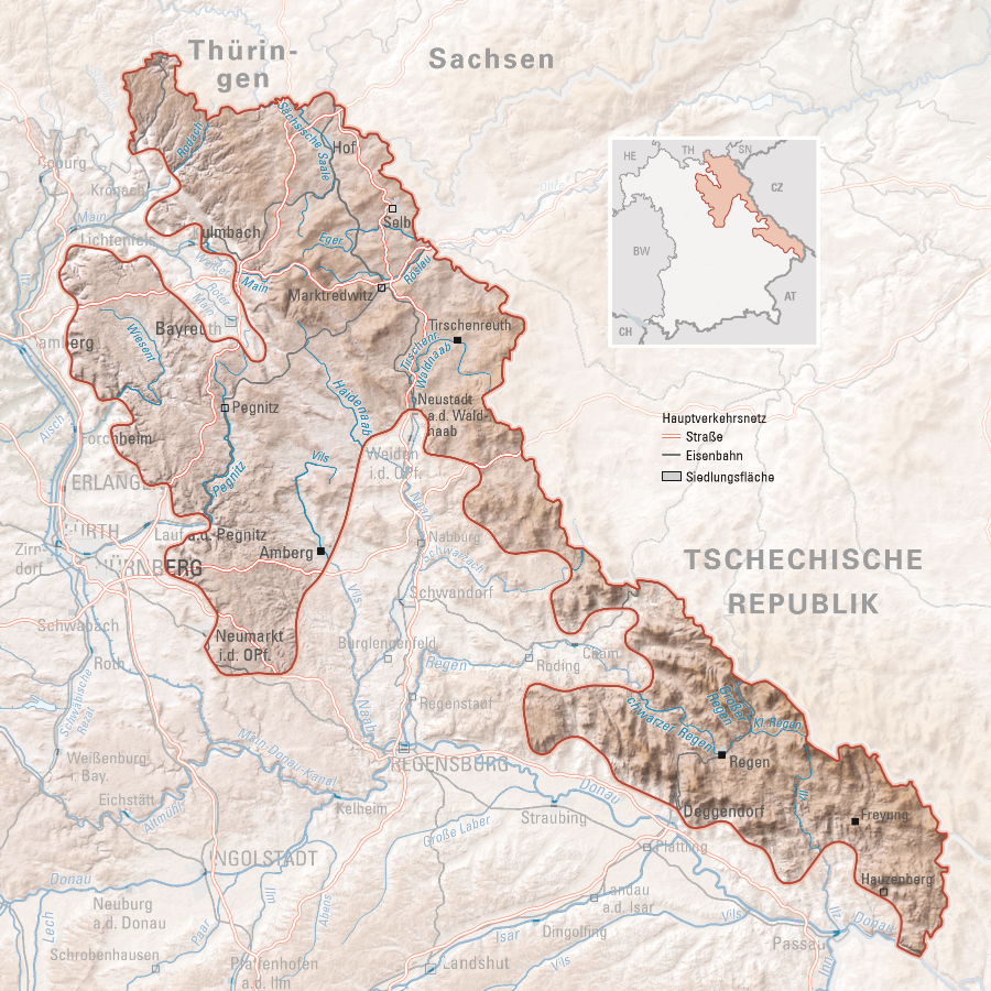 Karte des Ostbayerischen Hügel- und Berglandes