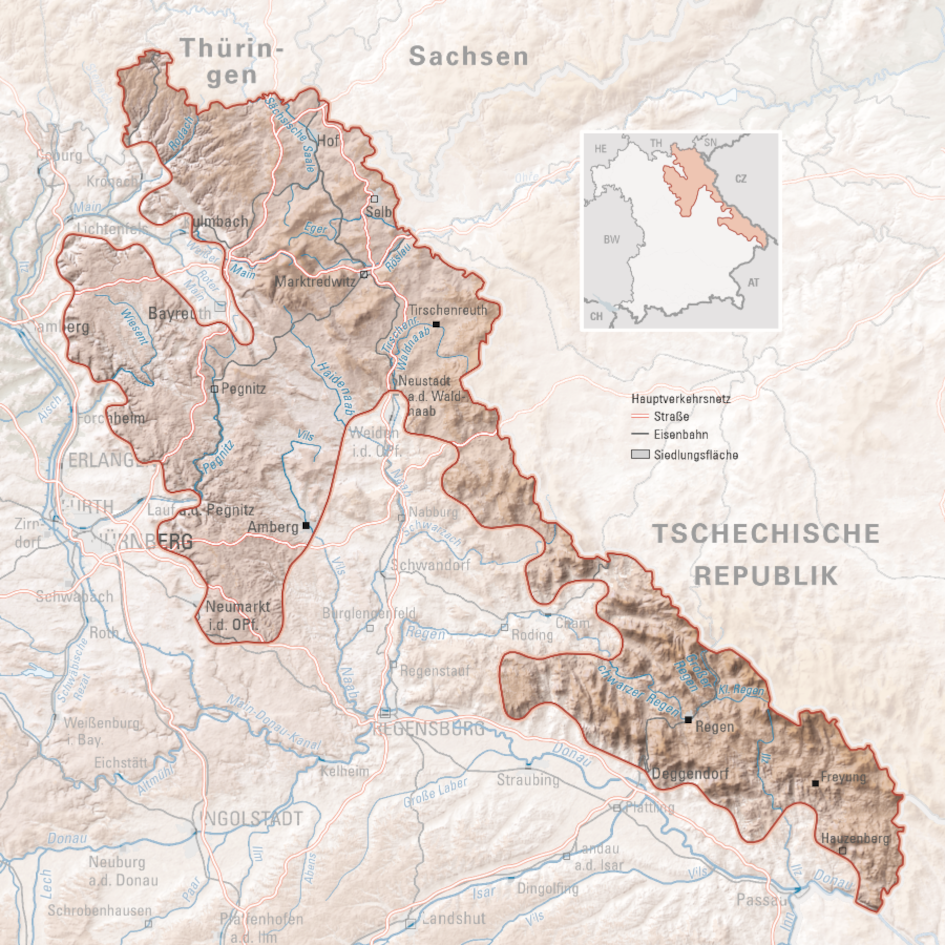 Karte der Klimaregion Ostbayerisches Hügel- und Bergland.