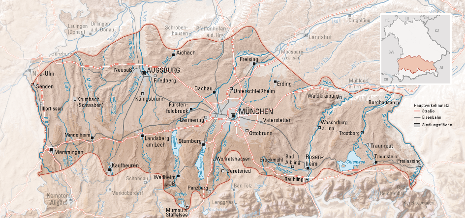 Karte des Südbayerischen Hügel- und Berglandes