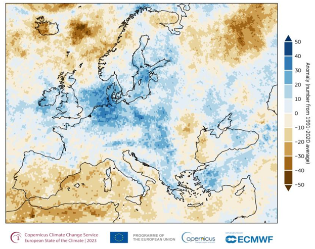 Anomalie der Regentage 2023 (Referenzperiode: 1991–2020). Quelle: ESOTC.