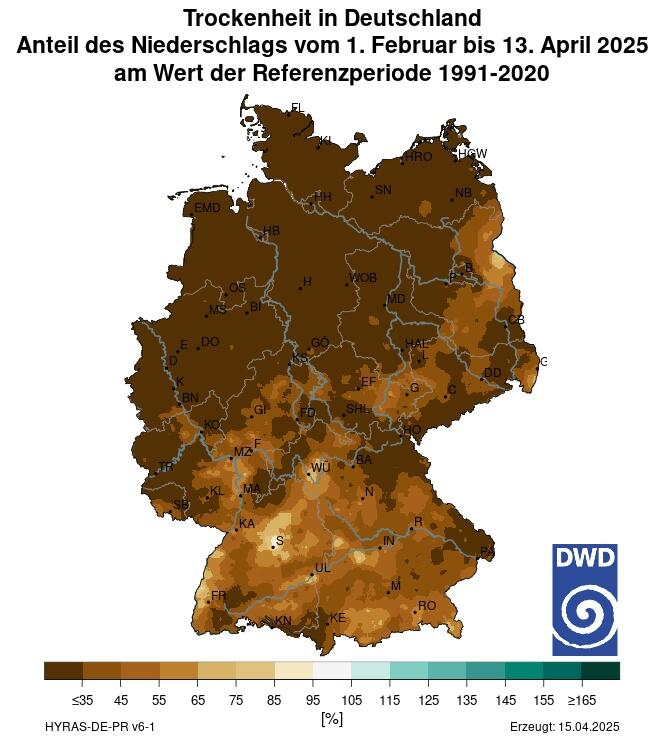Niederschlagdefizit in Deutschland von Anfang Februar bis Mitte April 2025 im Vergleich zum Referenzzeitraum 1991-2020.