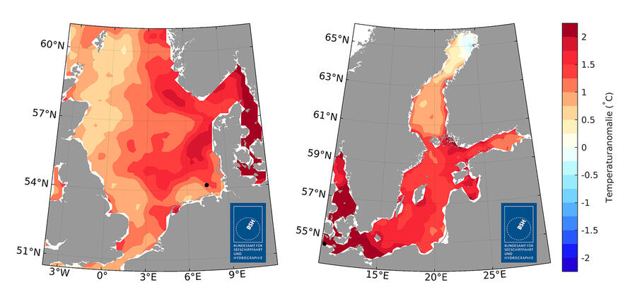Abweichung des Frühjahrsmittels der Wasseroberflächentemperaturen des Jahres 2025 zum langjährigen Frühjahrsmittel von 1997 bis 2021 für die Nord- und Ostsee. 