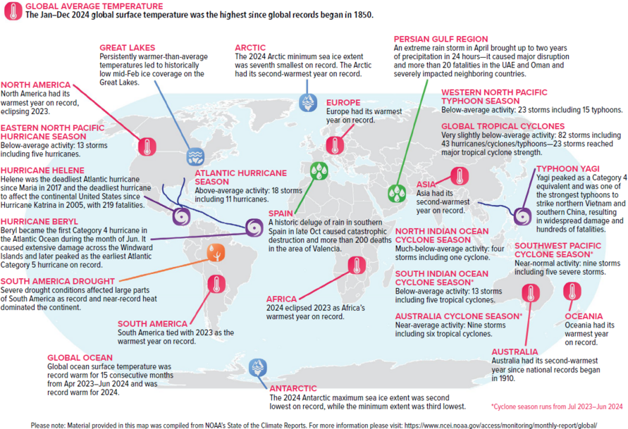 Geographische Verteilung von ausgewählten klimatischen Anomalien und Ereignissen im Jahr 2024. 