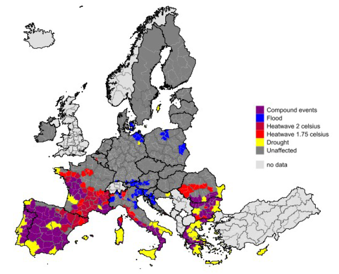 Extremwetterereignisse in den europäischen NUTS3-Regionen im Sommer 2025. 