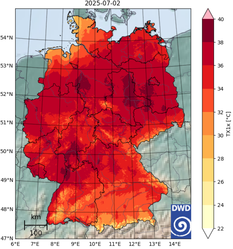 Tageshöchsttemperaturen in Deutschland am 2. Juli 2025.