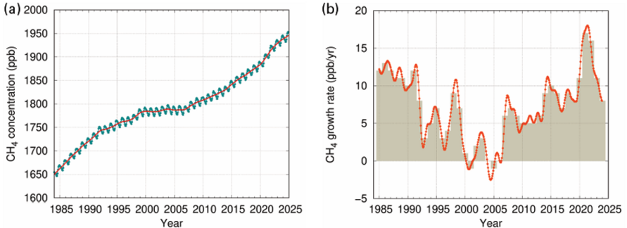 Global gemittelte Methankonzentration (a) und die Wachstumsrate (b) von 1984 bis 2024. Die rote Linie in (a) ist der Monatsmittelwert ohne saisonale Schwankungen. Die Zuwächse der aufeinanderfolgenden Jahresmittelwerte sind in (b) als hellbraune Säulen dargestellt.