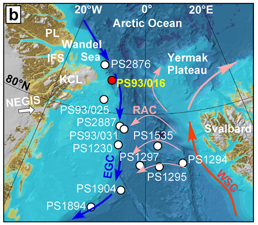 Übersichtskarte des Arktischen Ozeans und der umliegenden Kontinente einschließlich der Lage des untersuchten Sedimentkernes (roter Punkt). 