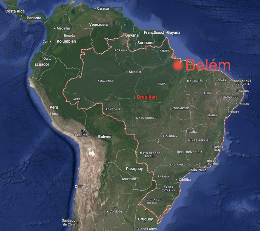 Die Karte zeigt den Austragungsort der COP30 in Belém in Brasilien.