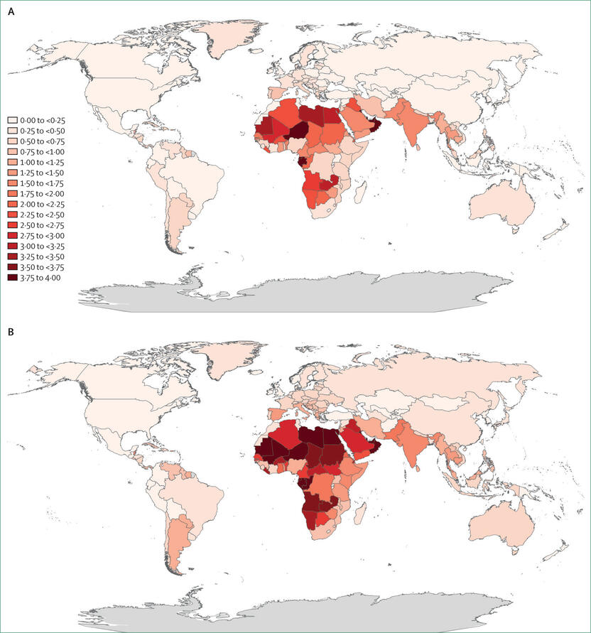 Durchschnittlicher Prozentsatz aller Todesfälle, die zwischen 1990 und 1999 (A) sowie zwischen 2012 und 2021 (B) auf Hitze zurückzuführen waren.